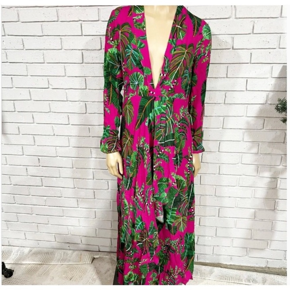 Farm Rio Pink Tropical Leaf Print Deep V-Neck Long Sleeve Maxi Dress Woman - Picture 6 of 14